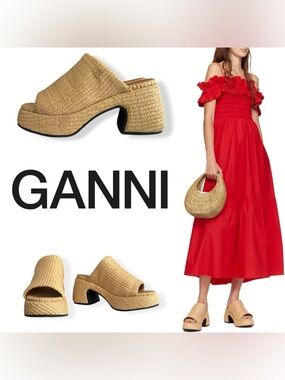 GANNI Butterfly Raffia Platform Mules Sandals in Natural Womens Size 37 | 7